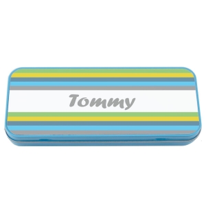 Named Pencil Tin - Blue Stripes image 1